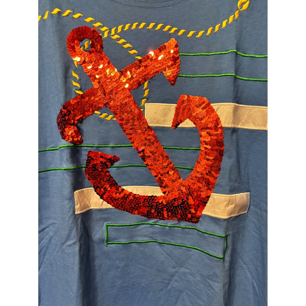 Vintage IB Diffusion Blue Anchor Sequin T Shirt Tee Shirt Women Size Medium 1992